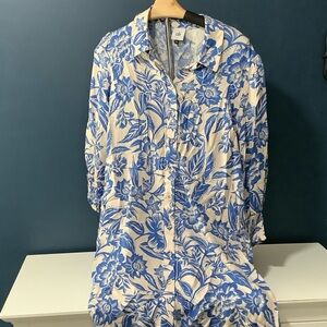 CAbi Blue and White Floral Midi Dress